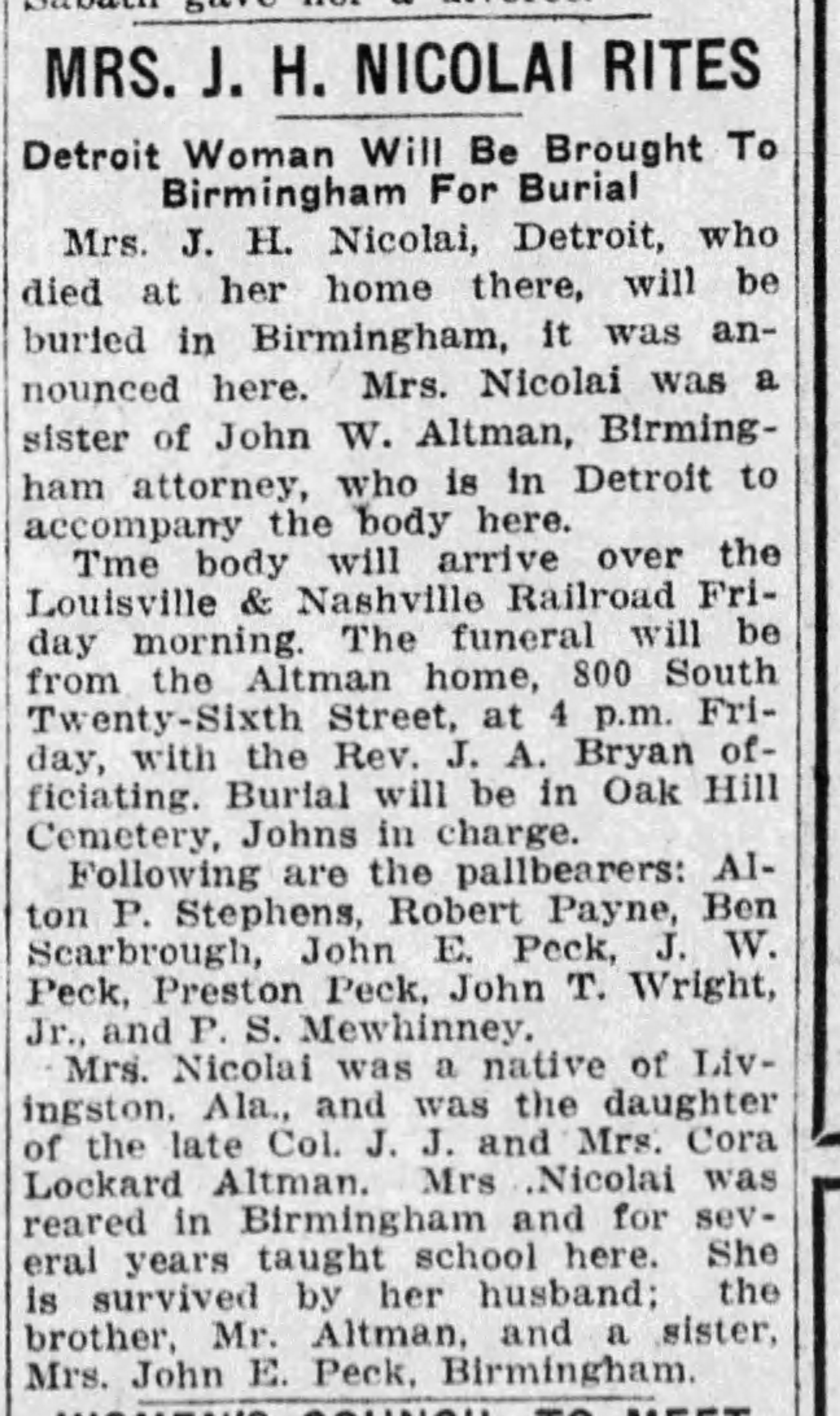 Mrs. J.H. Nicolai obituary